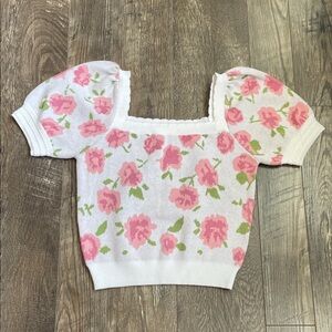 Willow & Wind Floral Puff-Sleeve Cropped Sweater Top Size XS